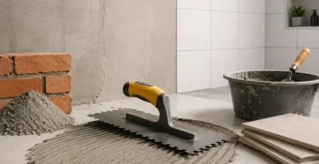Aplicação de argamassa com desempenadeira para assentamento de pisos e revestimentos