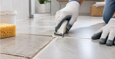 Profissional renovando rejunte antigo entre pisos cerâmicos com ferramenta de aplicação, sem retirar o revestimento.