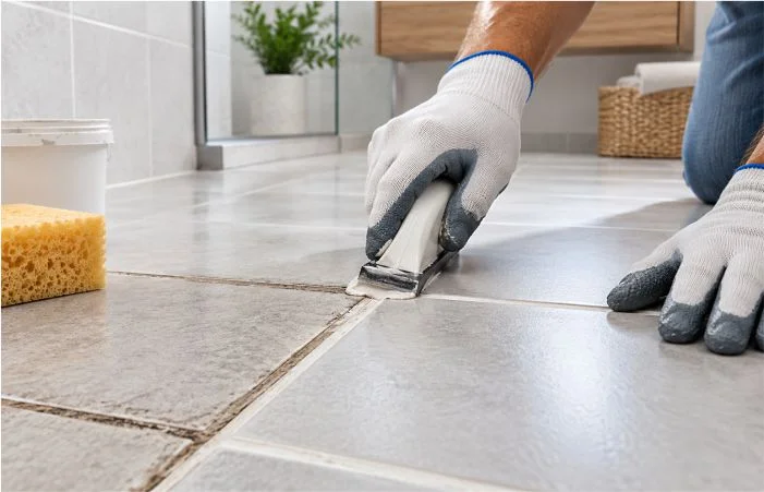 Profissional renovando rejunte antigo entre pisos cerâmicos com ferramenta de aplicação, sem retirar o revestimento.