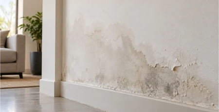 Parede com infiltração, manchas de umidade e pintura descascando após repintura