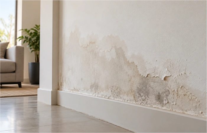 Parede com infiltração, manchas de umidade e pintura descascando após repintura